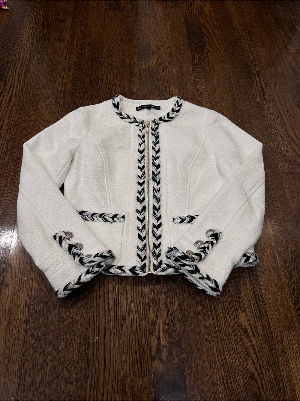 White House Black Market White Tweed Jacket with Black Braid Trim